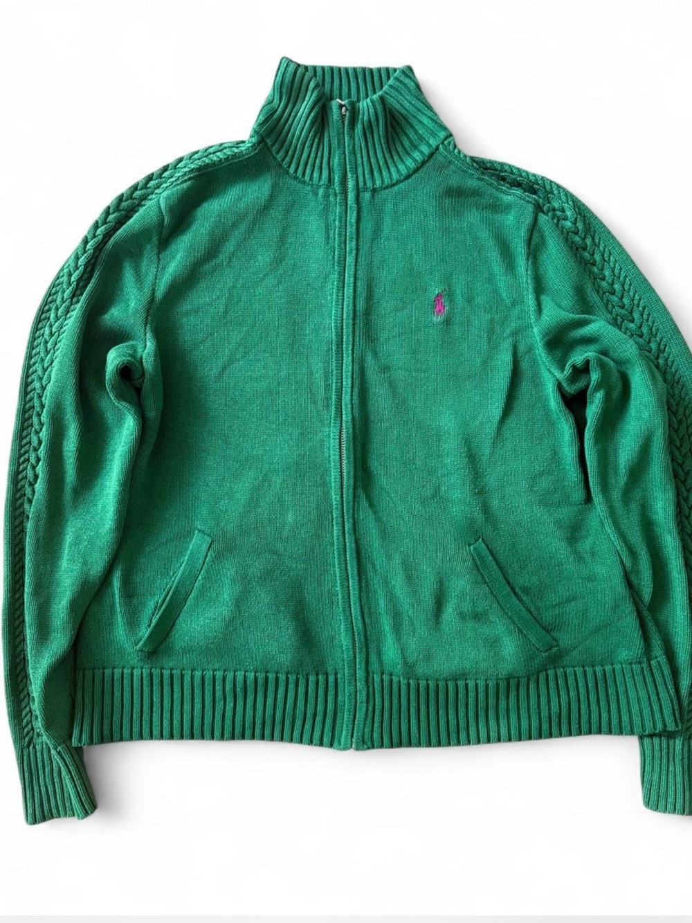 Ralph Lauren Sport Green Full Zip Cable Sleeve Sweater XL Pink Pony